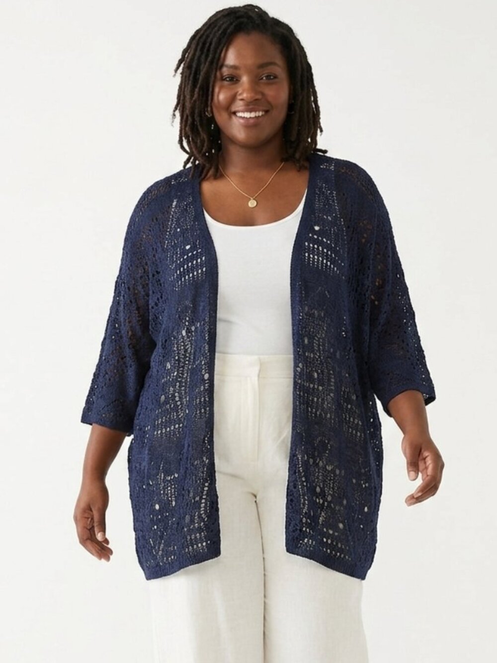 One World Cardigan Blue Open Knit Bohemian Festival 3X